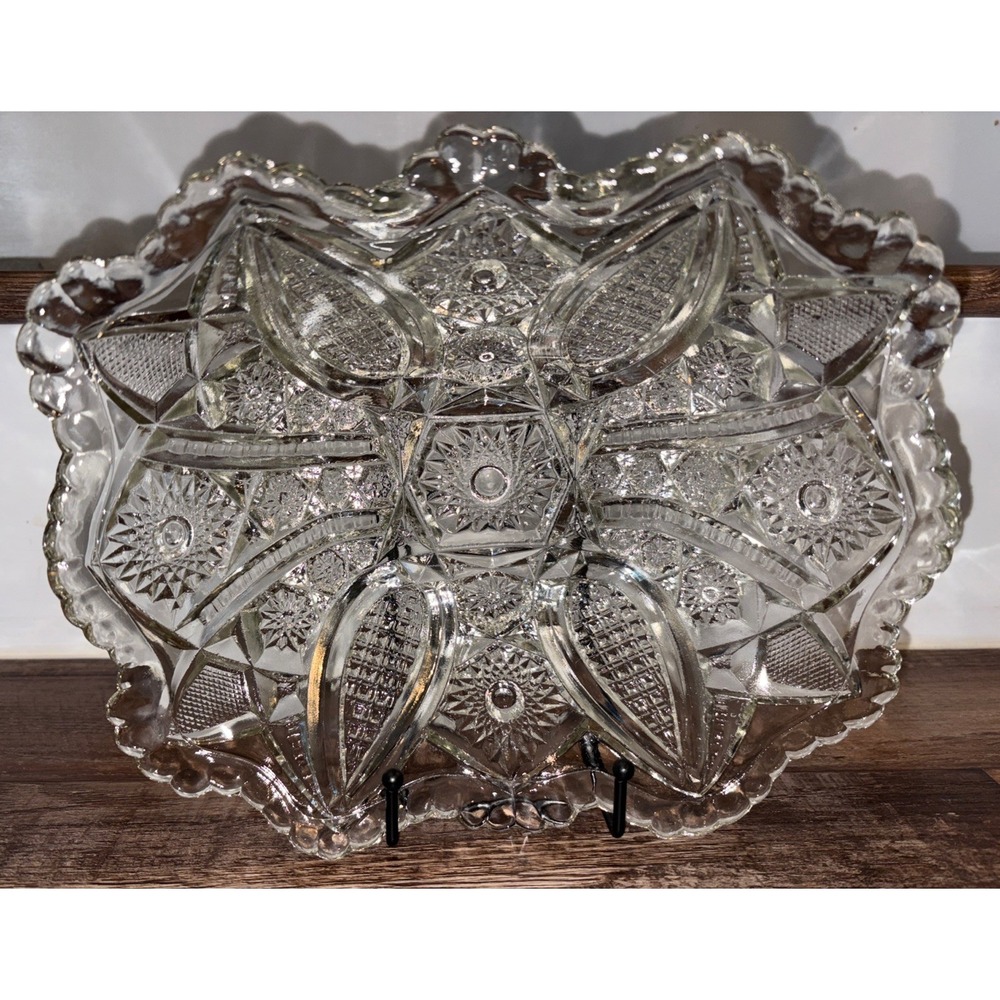 EAPG Indiana Glass Vintage Rectangle Serving Bowl Scalloped Edge Daisy Star
